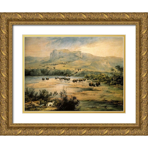 Landscape with buffalo on the upper Missouri Gold Ornate Wood Framed Art Print with Double Matting by Bodmer, Karl