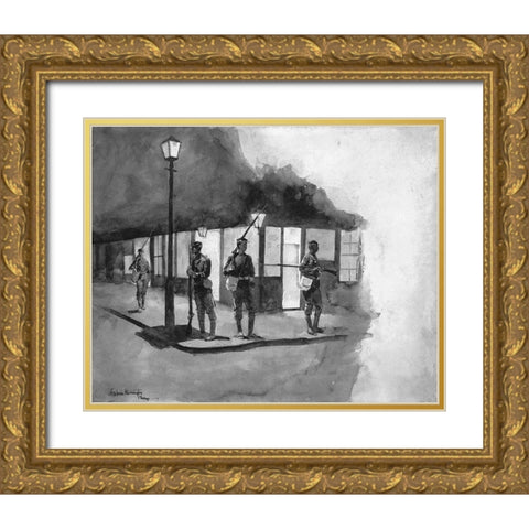 Illinois Natl Guards Picket In Streets Of Chicago Gold Ornate Wood Framed Art Print with Double Matting by Remington, Frederic