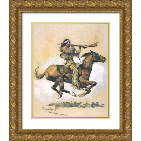 Buffalo Hunter Spitting A Bullet Into A Gun Gold Ornate Wood Framed Art Print with Double Matting by Remington, Frederic