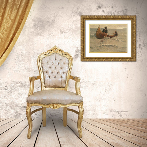 Hauling in the Gill Net Gold Ornate Wood Framed Art Print with Double Matting by Remington, Frederic