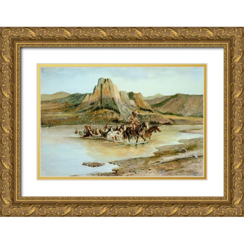 Return of the Horse Thieves Gold Ornate Wood Framed Art Print with Double Matting by Russell, Charles Marion