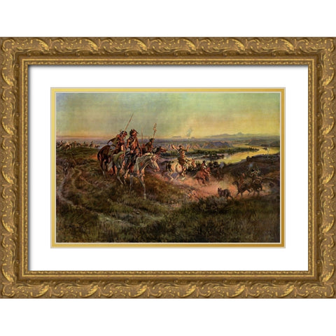 Salute of the Robe Trade Gold Ornate Wood Framed Art Print with Double Matting by Russell, Charles Marion