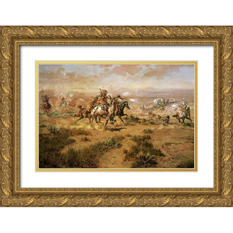 The Attack On The Wagon Train Gold Ornate Wood Framed Art Print with Double Matting by Russell, Charles Marion