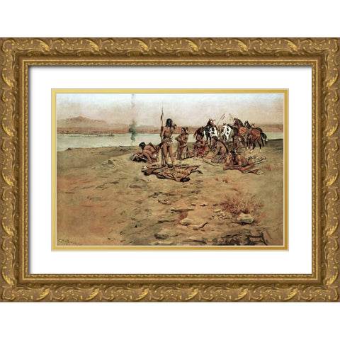 The Signal Fire Gold Ornate Wood Framed Art Print with Double Matting by Russell, Charles Marion