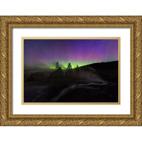 Aurora borealis II, Upper Geyser Basin, Yellowstone National Park Gold Ornate Wood Framed Art Print with Double Matting by The Yellowstone Collection