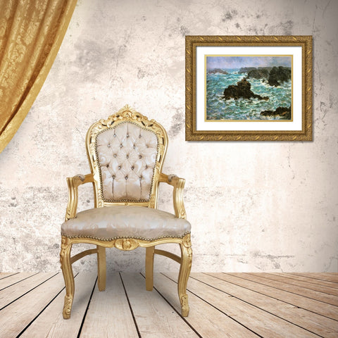 Belle Ile-rain effect 1886 Gold Ornate Wood Framed Art Print with Double Matting by Monet, Claude