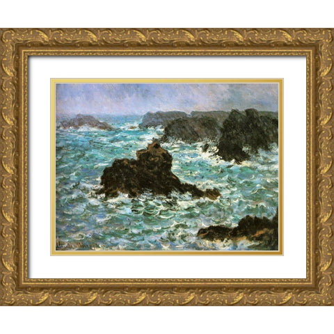 Belle Ile-rain effect 1886 Gold Ornate Wood Framed Art Print with Double Matting by Monet, Claude