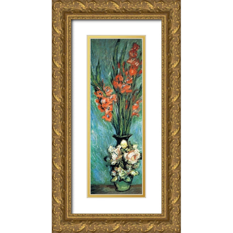 Gladioli 1882 Gold Ornate Wood Framed Art Print with Double Matting by Monet, Claude
