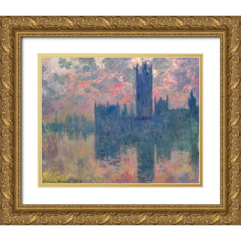 Houses of Parliament-Sunset 1902 Gold Ornate Wood Framed Art Print with Double Matting by Monet, Claude