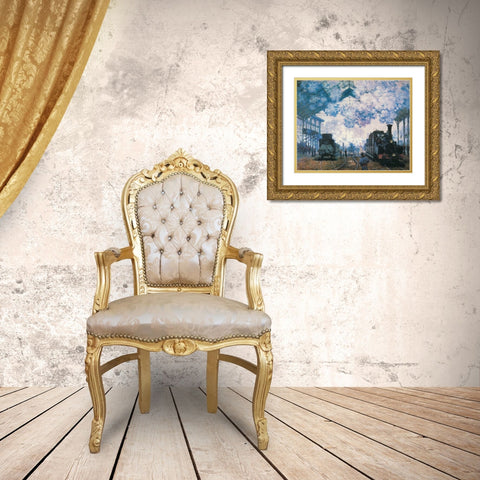 La Gare St. Lazare trains 1877 Gold Ornate Wood Framed Art Print with Double Matting by Monet, Claude