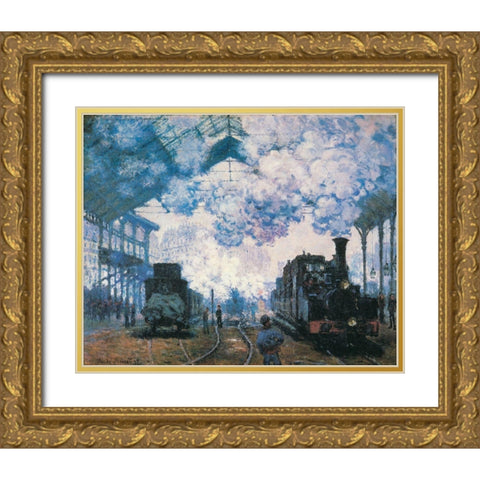 La Gare St. Lazare trains 1877 Gold Ornate Wood Framed Art Print with Double Matting by Monet, Claude