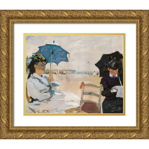 The Beach at Trouville 1870 Gold Ornate Wood Framed Art Print with Double Matting by Monet, Claude