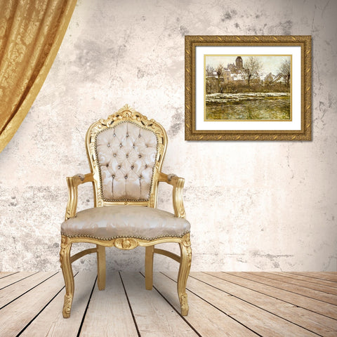 The Church at Vetheuil-snow 1879 Gold Ornate Wood Framed Art Print with Double Matting by Monet, Claude