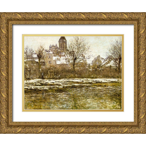 The Church at Vetheuil-snow 1879 Gold Ornate Wood Framed Art Print with Double Matting by Monet, Claude