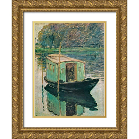 The Floating Studio 1874 Gold Ornate Wood Framed Art Print with Double Matting by Monet, Claude