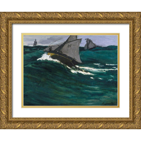 The Green Wave 1867 Gold Ornate Wood Framed Art Print with Double Matting by Monet, Claude
