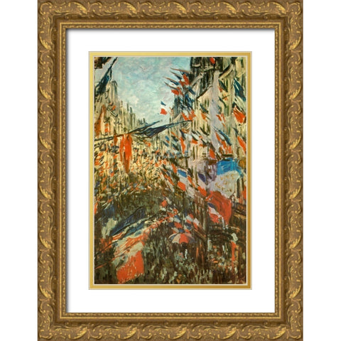 The Rue Montorgeuil with flags 1878 Gold Ornate Wood Framed Art Print with Double Matting by Monet, Claude