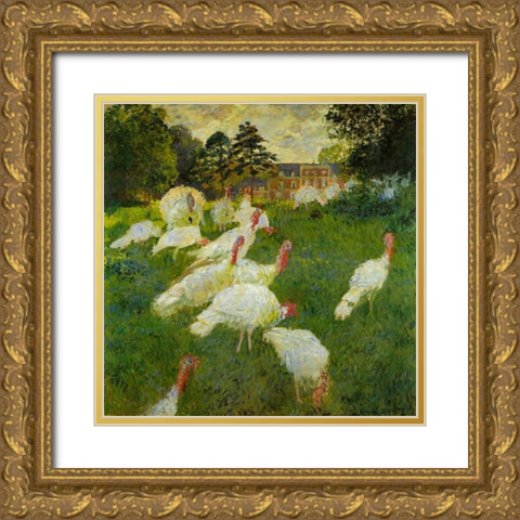 Turkeys at Montgeron 1877 Gold Ornate Wood Framed Art Print with Double Matting by Monet, Claude