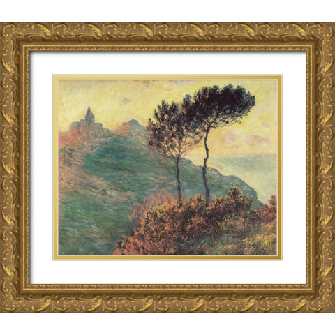 Varengeville Church with trees 1882 Gold Ornate Wood Framed Art Print with Double Matting by Monet, Claude