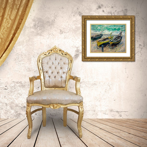 Three Fishing Boats 1886 Gold Ornate Wood Framed Art Print with Double Matting by Monet, Claude