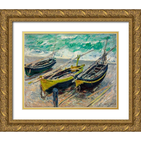 Three Fishing Boats 1886 Gold Ornate Wood Framed Art Print with Double Matting by Monet, Claude