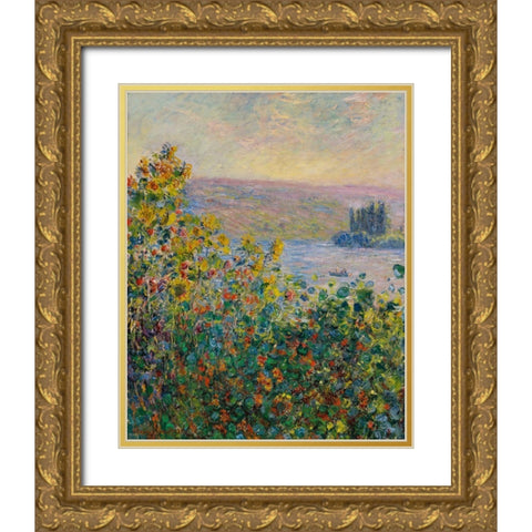 Flower Beds at Vetheuil 1881 Gold Ornate Wood Framed Art Print with Double Matting by Monet, Claude