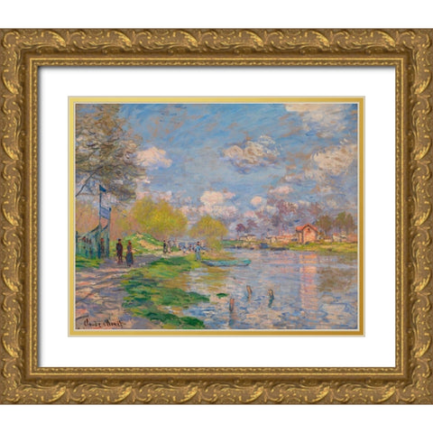 Spring by the Seine 1875 Gold Ornate Wood Framed Art Print with Double Matting by Monet, Claude