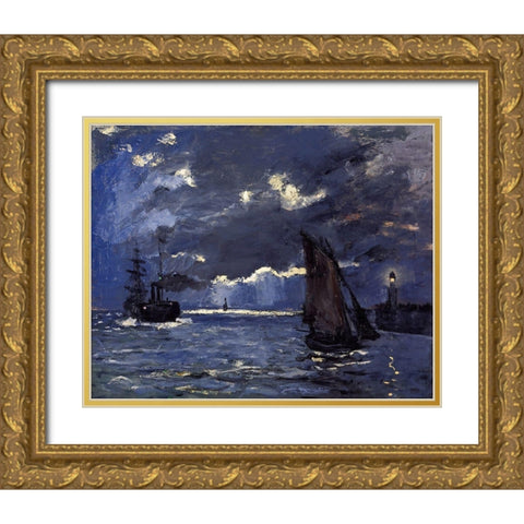 A Seascape-Shipping by Moonlight 1864 Gold Ornate Wood Framed Art Print with Double Matting by Monet, Claude