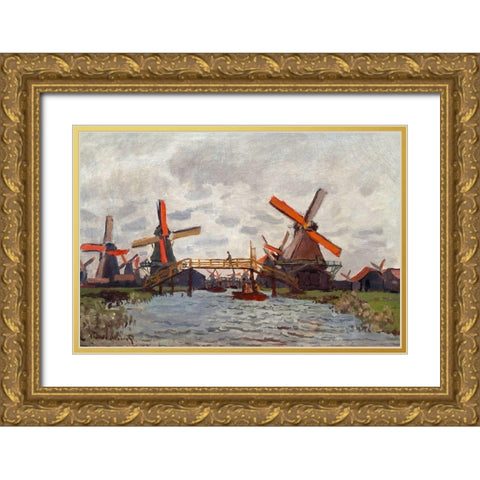 Mills at Westzijderveld near Zaandam 1871 Gold Ornate Wood Framed Art Print with Double Matting by Monet, Claude