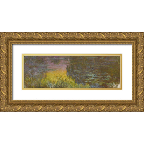 The Water Lilies - Setting Sun Gold Ornate Wood Framed Art Print with Double Matting by Monet, Claude