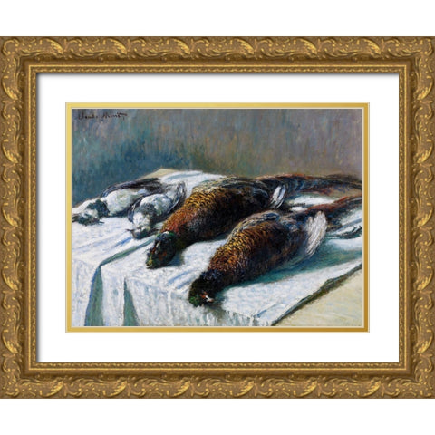 Still Life with Pheasants and Plovers 1879 Gold Ornate Wood Framed Art Print with Double Matting by Monet, Claude