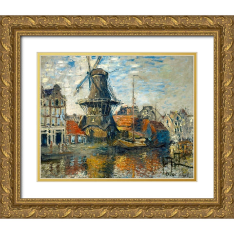 The Windmill on the Onbekende Gracht-Amsterdam 1874 Gold Ornate Wood Framed Art Print with Double Matting by Monet, Claude