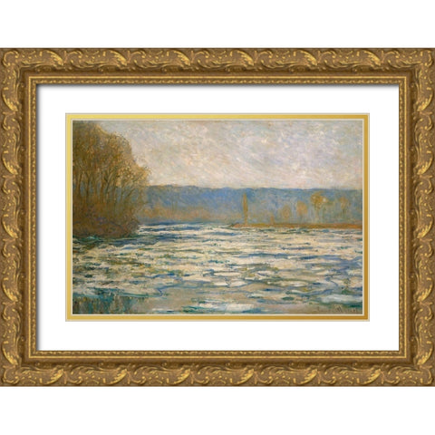 Ice breaking up on the Seine near Bennecourt 1893 Gold Ornate Wood Framed Art Print with Double Matting by Monet, Claude