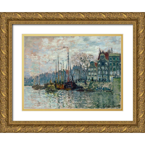 View of the Prins Hendrikkade and the Kromme Waal in Amsterdam 1874 Gold Ornate Wood Framed Art Print with Double Matting by Monet, Claude