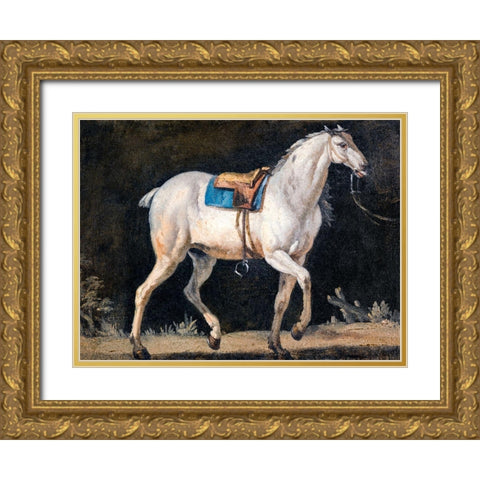 Saddled Gray Horse Gold Ornate Wood Framed Art Print with Double Matting by Agasse, Jacques-Laurent