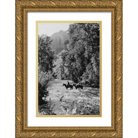 Ranger Crossing the Wenaha River Gold Ornate Wood Framed Art Print with Double Matting by Vintage Photography