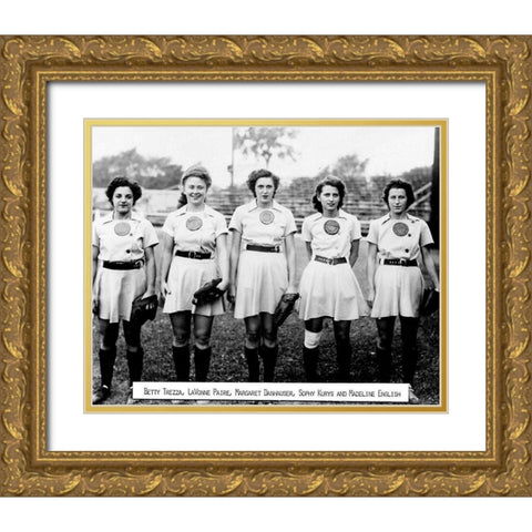 All American Girls Baseball League 1945 Gold Ornate Wood Framed Art Print with Double Matting by Vintage Photography