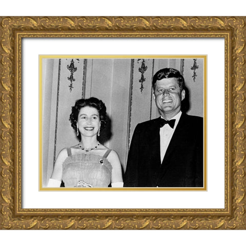 Queen Elizabeth II and President John Kennedy 1961 Gold Ornate Wood Framed Art Print with Double Matting by Vintage Photography