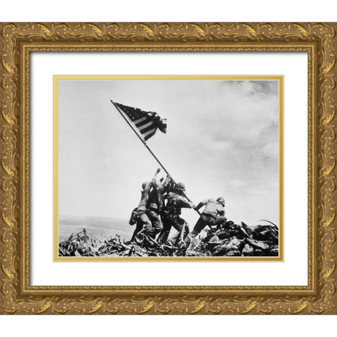 Flag Raising on Iwo Jima 1945 Gold Ornate Wood Framed Art Print with Double Matting by Vintage Photography