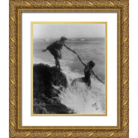 Bathing Beauties at the Seaside Gold Ornate Wood Framed Art Print with Double Matting by Vintage Photography