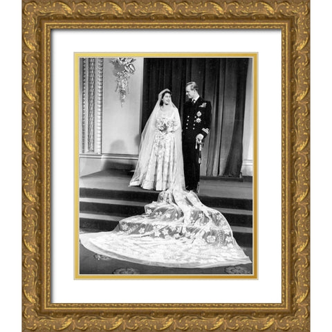 Wedding Picture of Princess Elizabeth and Prince Philip 1947 Gold Ornate Wood Framed Art Print with Double Matting by Vintage Photography