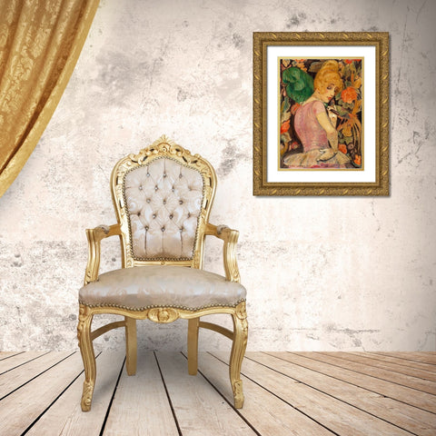 Portrait of Lili Elbe with a green feather fan Gold Ornate Wood Framed Art Print with Double Matting by Wegener, Gerda
