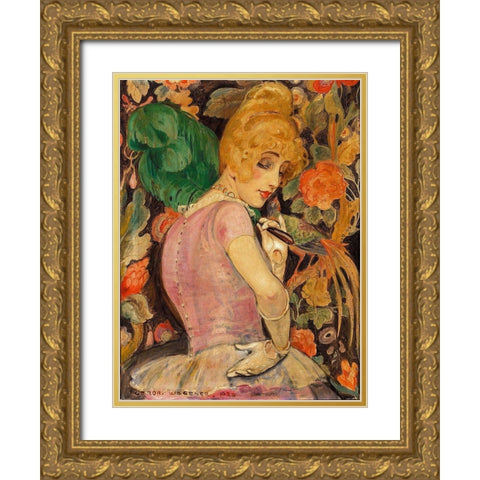 Portrait of Lili Elbe with a green feather fan Gold Ornate Wood Framed Art Print with Double Matting by Wegener, Gerda