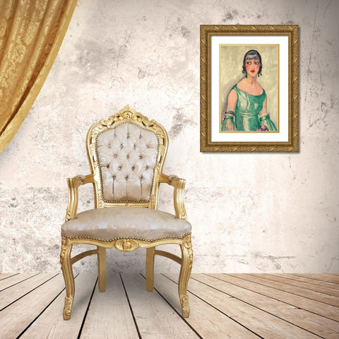 Portrait of woman in green dress and pearls Gold Ornate Wood Framed Art Print with Double Matting by Wegener, Gerda
