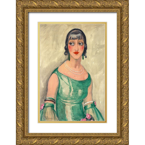 Portrait of woman in green dress and pearls Gold Ornate Wood Framed Art Print with Double Matting by Wegener, Gerda