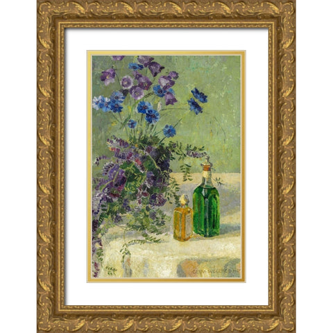 Still life with blue flowers and two bottles on a table Gold Ornate Wood Framed Art Print with Double Matting by Wegener, Gerda