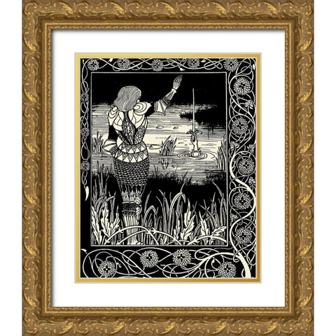 Morte DArthur 1893 - Excalibur from Lake Gold Ornate Wood Framed Art Print with Double Matting by Beardsley, Aubrey