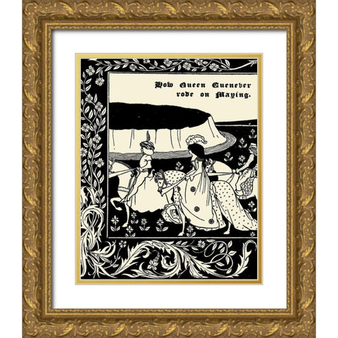 Morte DArthur 1893 - How Queen Guenever Rode Gold Ornate Wood Framed Art Print with Double Matting by Beardsley, Aubrey