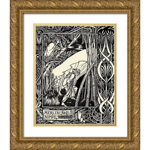 Morte DArthur 1893 - Merlin and Nimue Gold Ornate Wood Framed Art Print with Double Matting by Beardsley, Aubrey