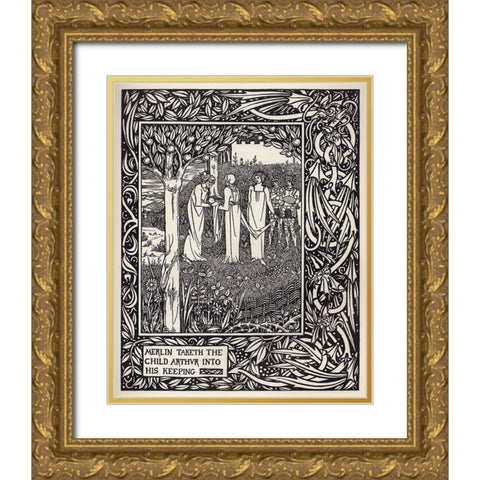 Morte DArthur 1893 - Merlin Taketh Gold Ornate Wood Framed Art Print with Double Matting by Beardsley, Aubrey